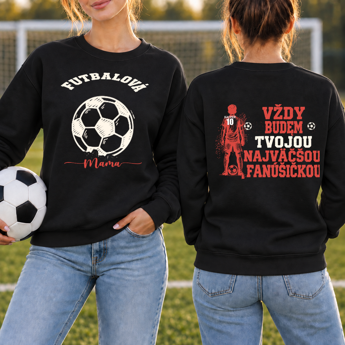 Mikina pre mamu futbalistu – s menom a číslom – Personalizovaná #9901 – Čierna, front and back