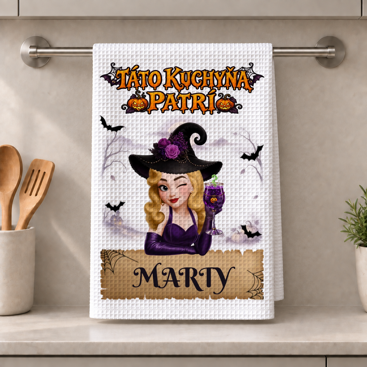 Kuchynská utierka – táto kuchyňa patrí – Personalizovaný darček na Halloween #500972
