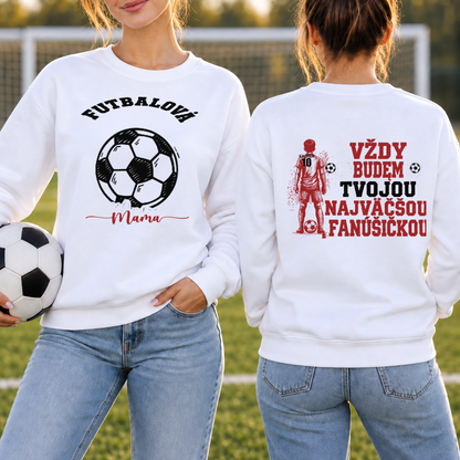 Mikina pre mamu futbalistu – s menom a číslom – Personalizovaná #9901 – Biela, front and back