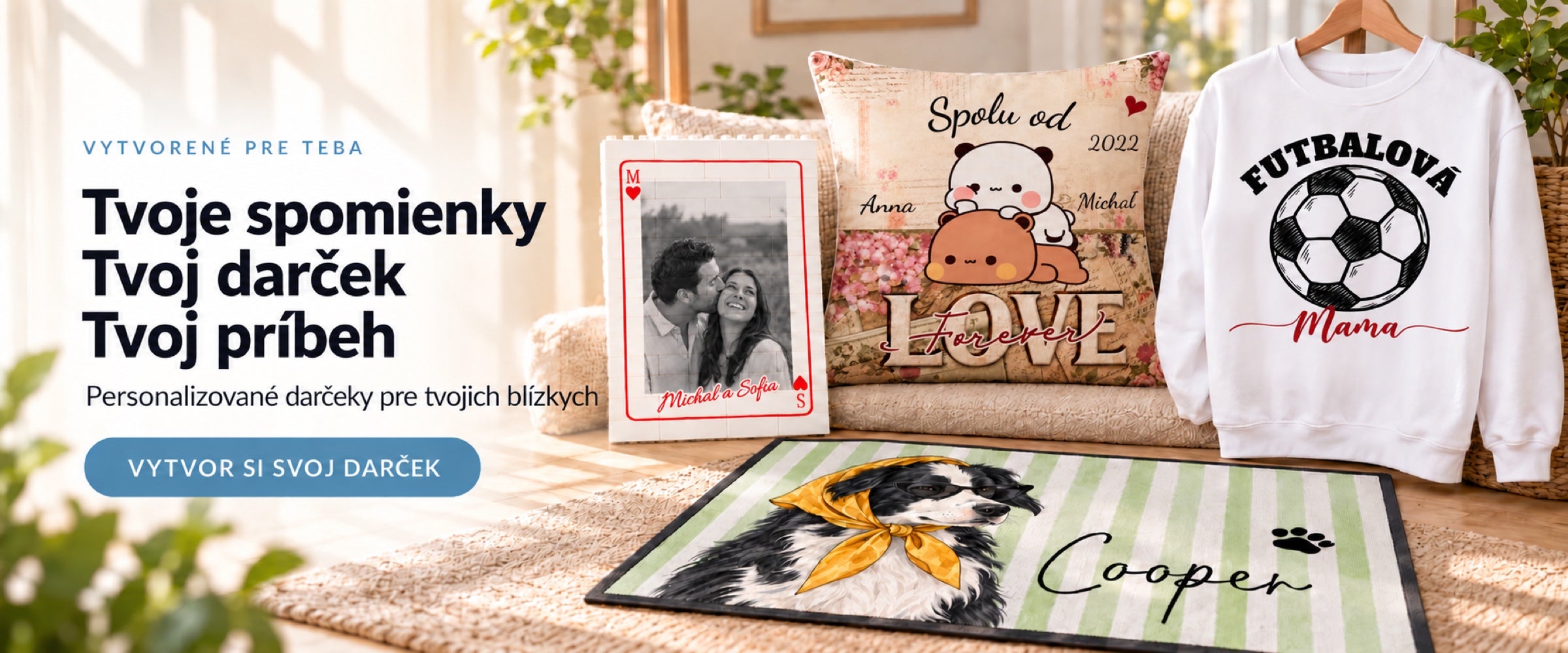 Tvoje spomienky. Tvoj darček. Tvoj príbeh. Personalizované darčeky pre tvojich blízkych: kocky s fotografiou, vankúš pre páry, rohožka s fotkou miláčika a mikina pre mamu futbalistu. Vytvor si svoj darček